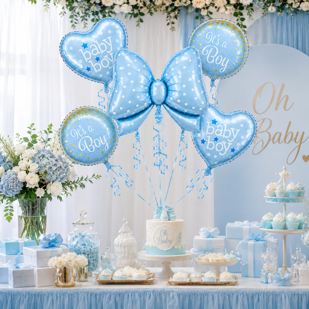 Blue Bow It’s a Boy Balloon Bouquet Set – 5 Pcs | Cute Blue Foil Balloons for Baby Shower, Welcome Baby Boy & Newborn Room Decoration