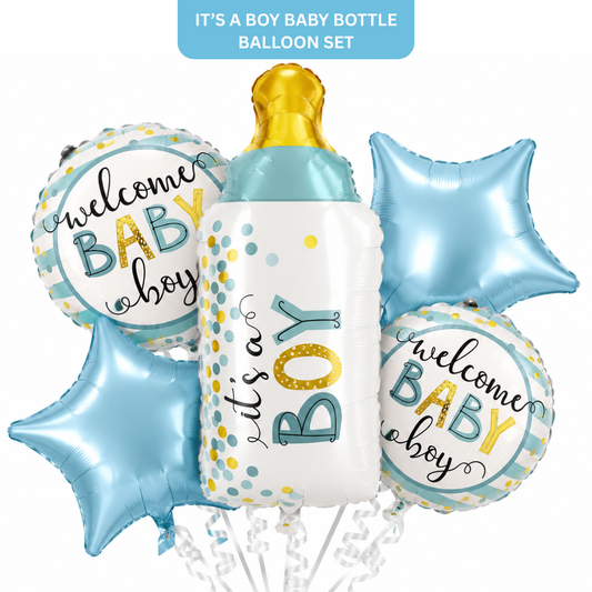 Baby Bottle It’s a Boy Balloon Bouquet Set – 5 Pcs | Cute Blue Foil Balloons for Baby Shower, Welcome Baby Boy & Newborn Room Decoration