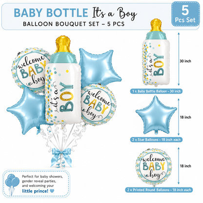 Baby Bottle It’s a Boy Balloon Bouquet Set – 5 Pcs | Cute Blue Foil Balloons for Baby Shower, Welcome Baby Boy & Newborn Room Decoration