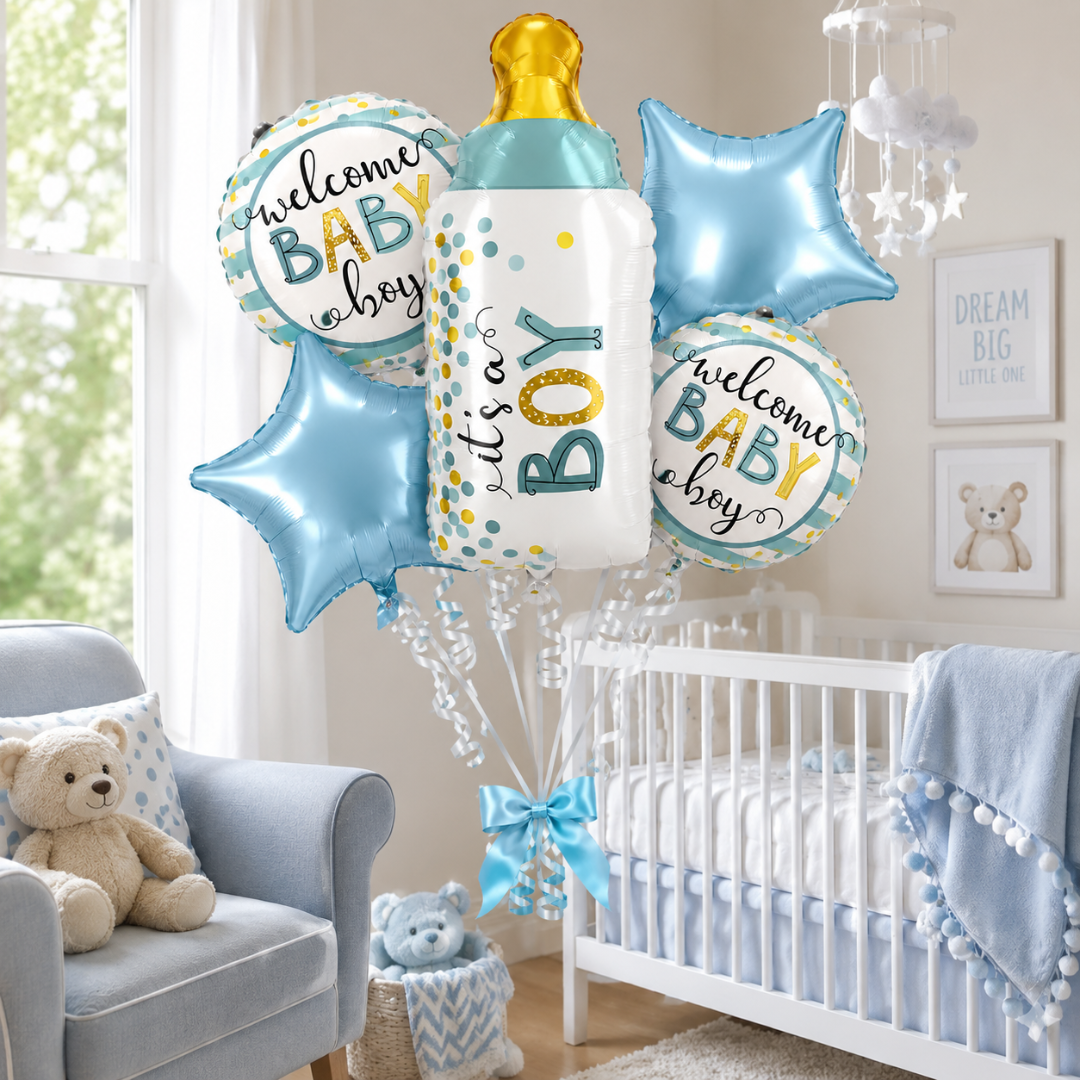 Baby Bottle It’s a Boy Balloon Bouquet Set – 5 Pcs | Cute Blue Foil Balloons for Baby Shower, Welcome Baby Boy & Newborn Room Decoration