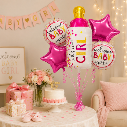 Baby Bottle It’s a Girl Balloon Bouquet Set – 5 Pcs | Cute Pink Baby Bottle, Star & Round Foil Balloons for Baby Shower, Welcome Baby Girl & Newborn Room Decoration