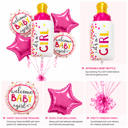 Baby Bottle It’s a Girl Balloon Bouquet Set – 5 Pcs | Cute Pink Baby Bottle, Star & Round Foil Balloons for Baby Shower, Welcome Baby Girl & Newborn Room Decoration