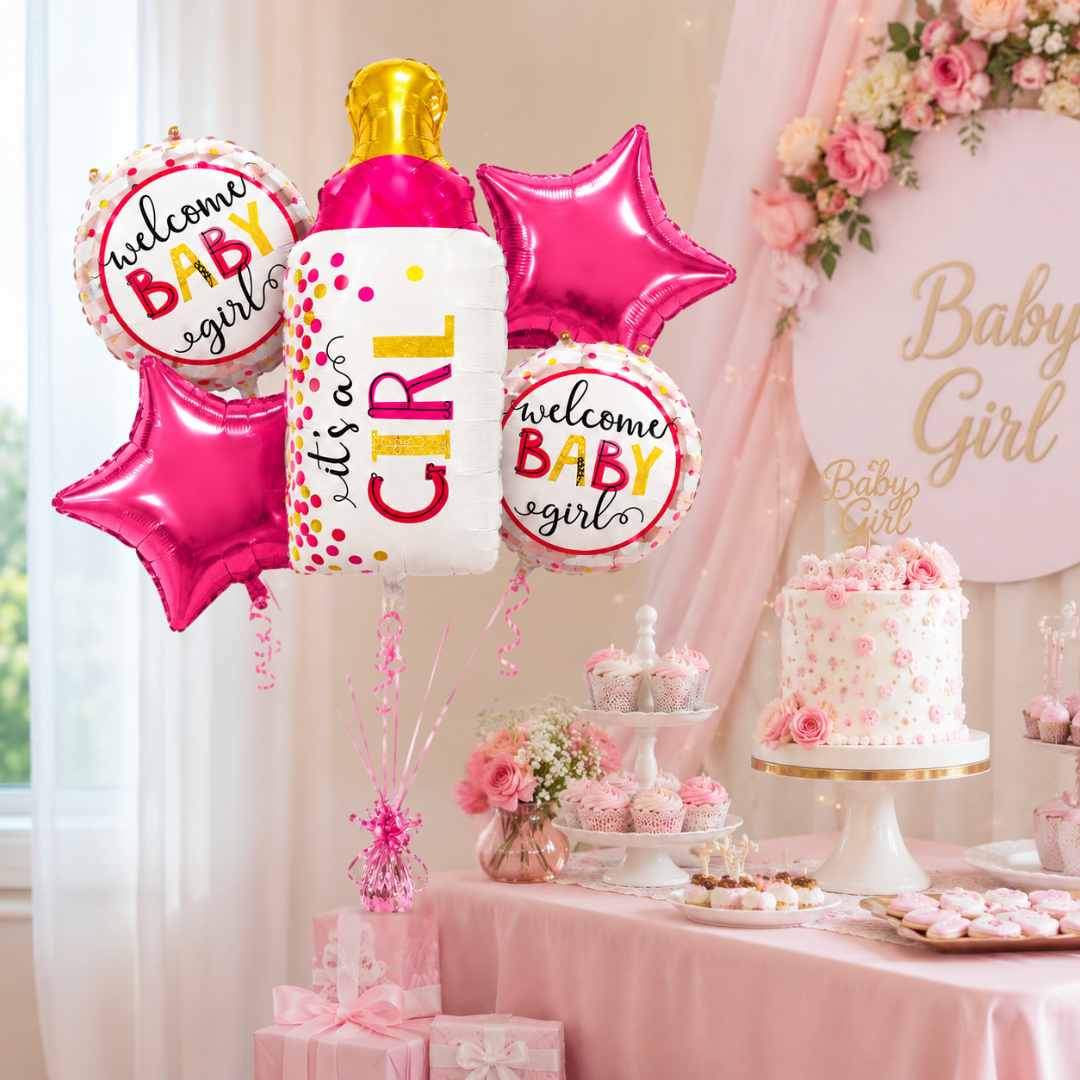 Baby Bottle It’s a Girl Balloon Bouquet Set – 5 Pcs | Cute Pink Baby Bottle, Star & Round Foil Balloons for Baby Shower, Welcome Baby Girl & Newborn Room Decoration