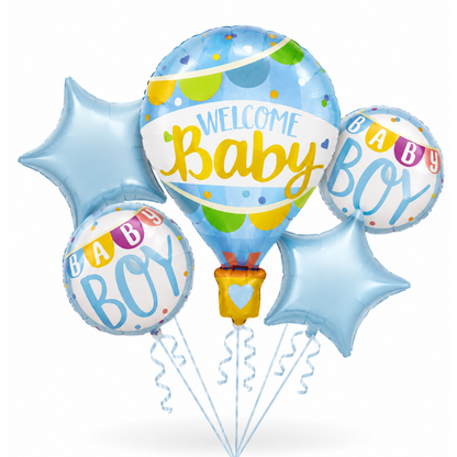 Hot Air Balloon Blue Welcome Baby Balloon Bouquet Set – 5 Pcs | Cute Blue Foil Balloons for Baby Shower, Welcome Baby Boy & Newborn Room Decoration