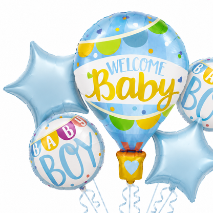 Hot Air Balloon Blue Welcome Baby Balloon Bouquet Set – 5 Pcs | Cute Blue Foil Balloons for Baby Shower, Welcome Baby Boy & Newborn Room Decoration