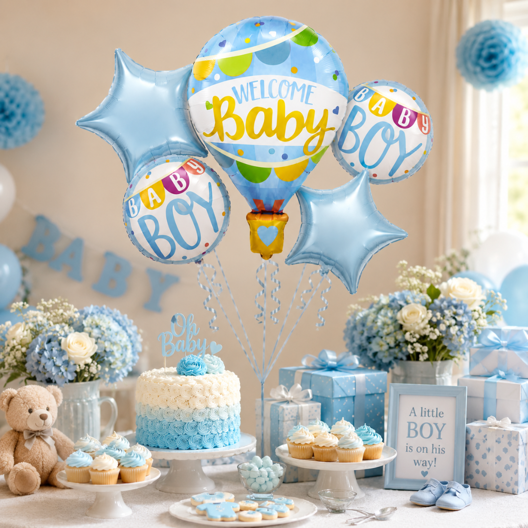 Hot Air Balloon Blue Welcome Baby Balloon Bouquet Set – 5 Pcs | Cute Blue Foil Balloons for Baby Shower, Welcome Baby Boy & Newborn Room Decoration
