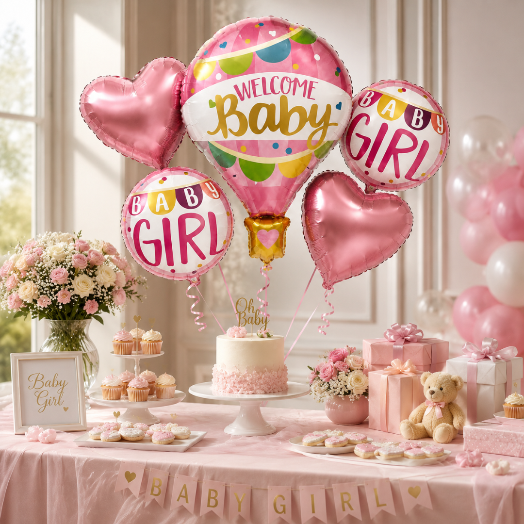 Hot Air Balloon Pink It’s a Girl Balloon Bouquet Set - 5 Pcs | Hot Air Balloon, Heart & Round Foil Balloons |Baby Shower & Welcome Baby Girl Decoration