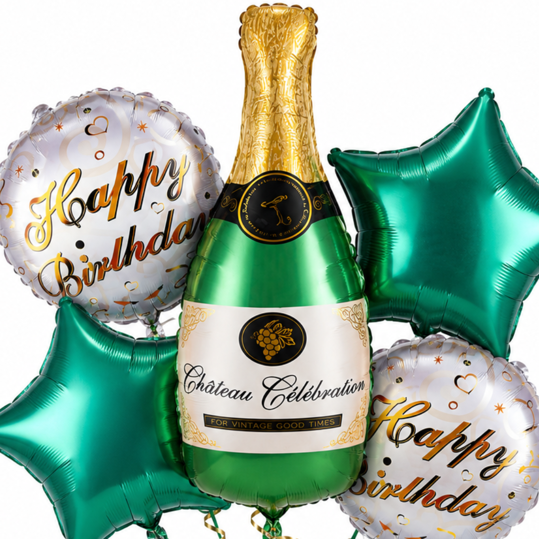 Green Champagne Bottle Birthday Balloon Bouquet Set – 5 Pcs | Premium Green Star & Happy Birthday Foil Balloons for Adult Birthday Party Decoration