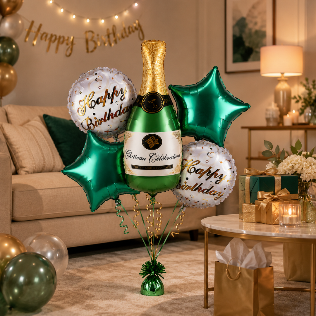 Green Champagne Bottle Birthday Balloon Bouquet Set – 5 Pcs | Premium Green Star & Happy Birthday Foil Balloons for Adult Birthday Party Decoration