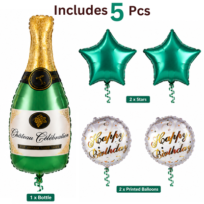 Green Champagne Bottle Birthday Balloon Bouquet Set – 5 Pcs | Premium Green Star & Happy Birthday Foil Balloons for Adult Birthday Party Decoration