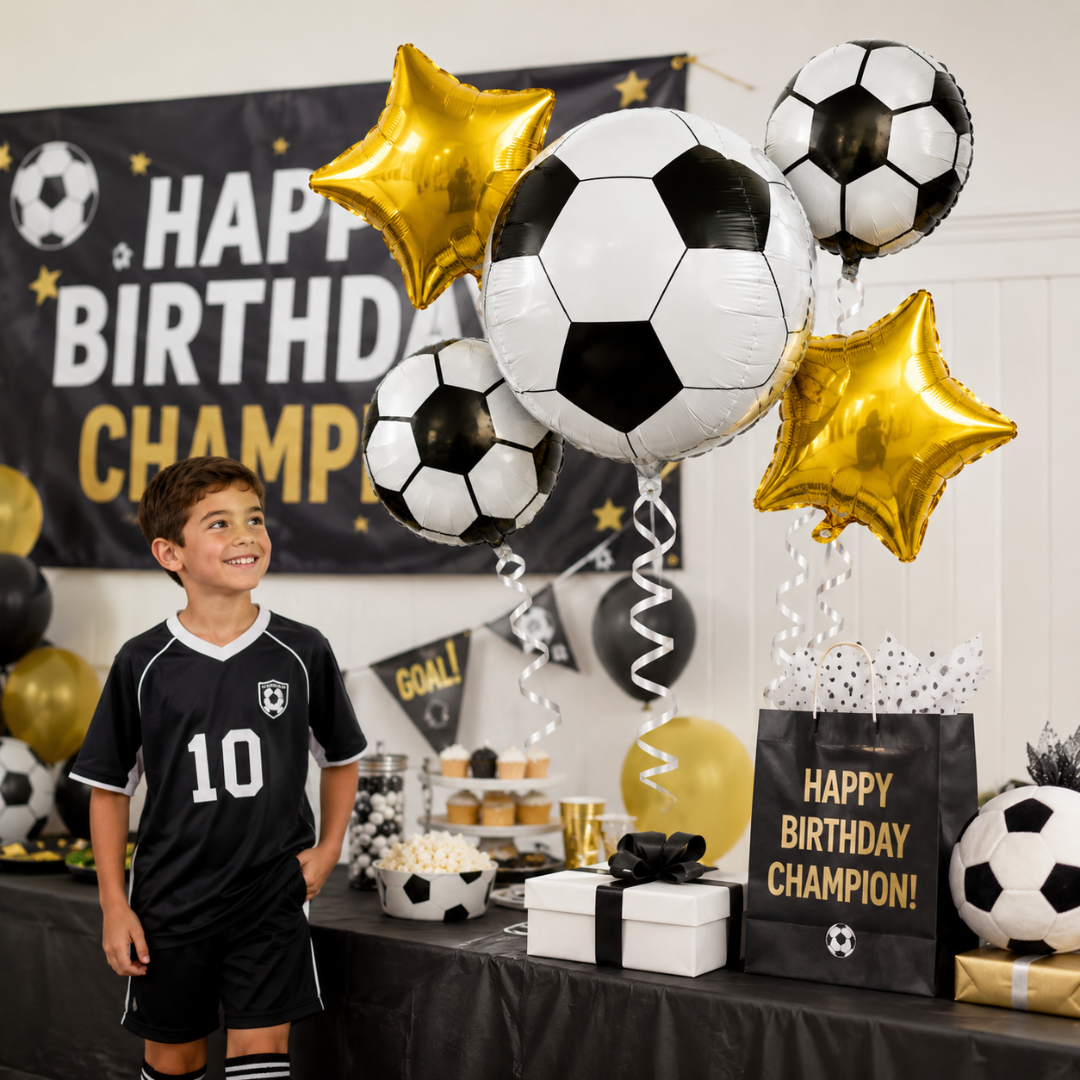Soccer Birthday Balloon Bouquet Set – 5 Pcs | Fun Soccer Ball & Gold Star Foil Balloons for Kids Birthday Party Decoration