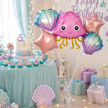 Jellyfish & Seashell Underwater Theme Balloon Bouquet Set – 5 Pcs | Cute Ocean Foil Balloons for Kids Birthday Party, Sea Theme Decoration & Photo Backdrop