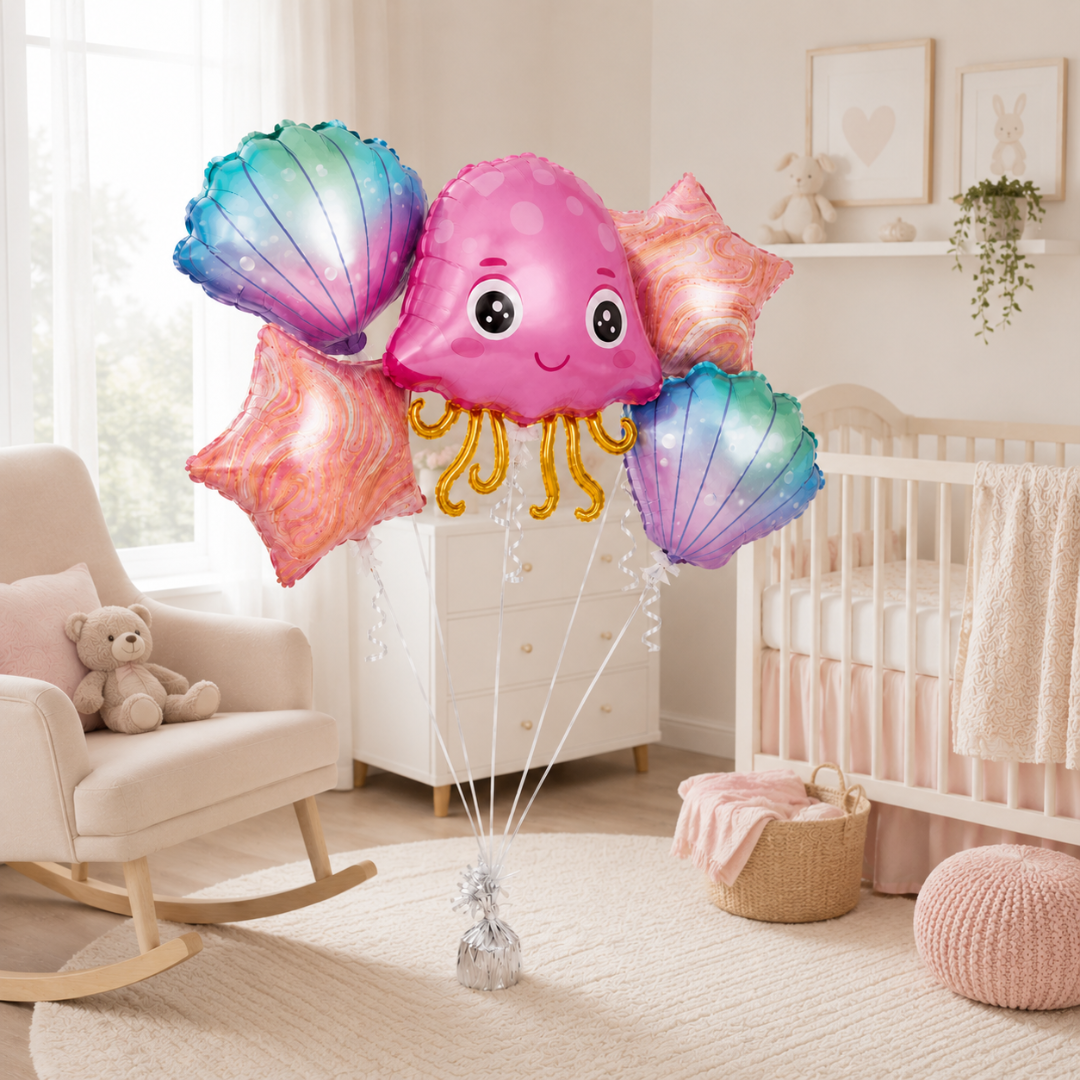 Jellyfish & Seashell Underwater Theme Balloon Bouquet Set – 5 Pcs | Cute Ocean Foil Balloons for Kids Birthday Party, Sea Theme Decoration & Photo Backdrop
