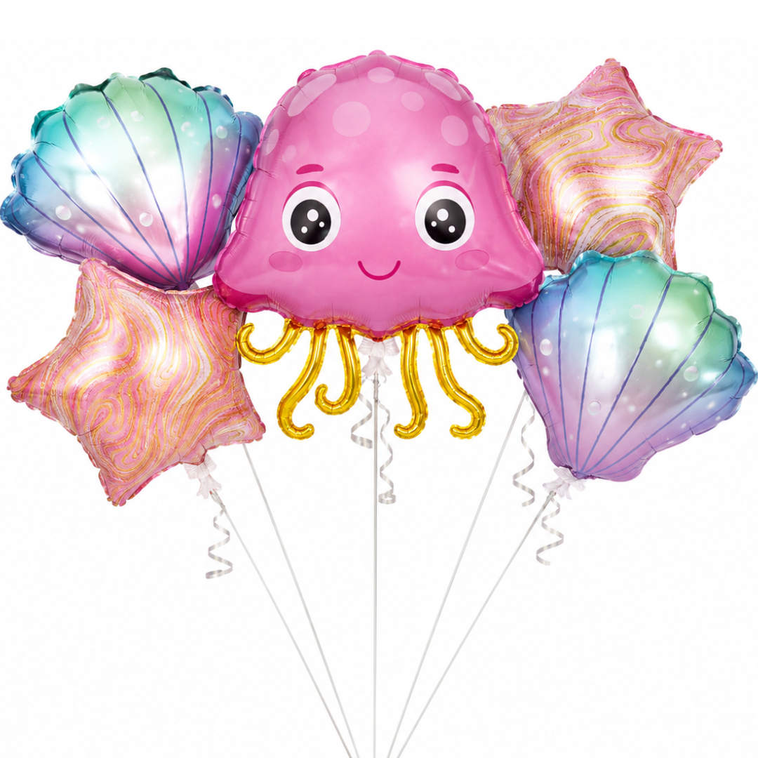 Jellyfish & Seashell Underwater Theme Balloon Bouquet Set – 5 Pcs | Cute Ocean Foil Balloons for Kids Birthday Party, Sea Theme Decoration & Photo Backdrop
