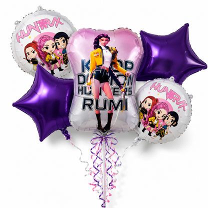 K-POP Theme Rumi Print Birthday Balloon Bouquet Set – 5 Pcs | Purple Star & Character Foil Balloons for Kids Birthday Party Decoration