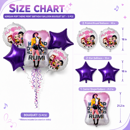 K-POP Theme Rumi Print Birthday Balloon Bouquet Set – 5 Pcs | Purple Star & Character Foil Balloons for Kids Birthday Party Decoration