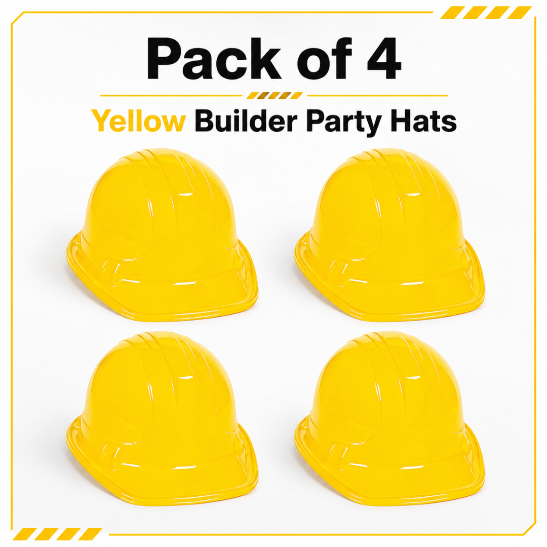 Under Construction Theme Yellow Party Hats - Pack of 4 | Builder Costume Hats for Kids Birthday & Role Play