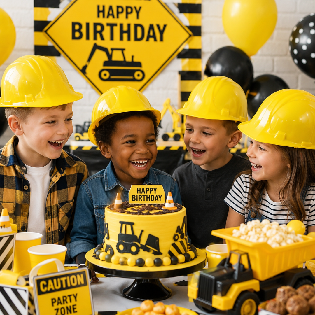 Under Construction Theme Yellow Party Hats - Pack of 4 | Builder Costume Hats for Kids Birthday & Role Play