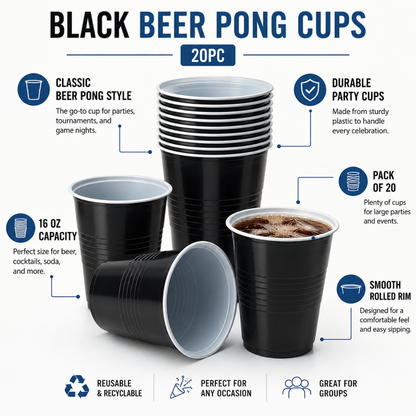 Black Beer Pong Cups - 20PC
