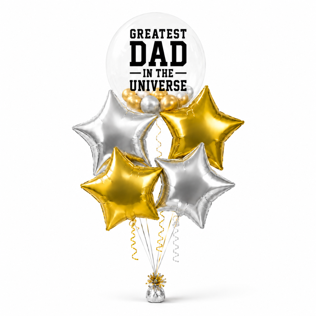 Greatest Dad in the Universe BOBO Foil Balloon Set 5PC, Helium Supported Father’s Day Balloon Bouquet with Star Balloons for Dad Birthday & Surprise Gift Decor