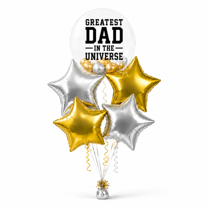 Greatest Dad in the Universe BOBO Foil Balloon Set 5PC, Helium Supported Father’s Day Balloon Bouquet with Star Balloons for Dad Birthday & Surprise Gift Decor