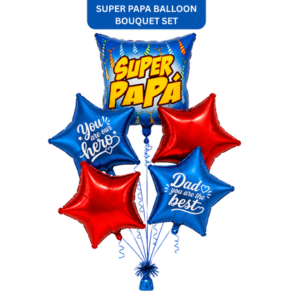 Super Papa Balloon Bouquet Set 5PC, Helium Supported Dad Foil Balloon Set with Star Balloons for Father’s Day, Papa Birthday & Surprise Decoration