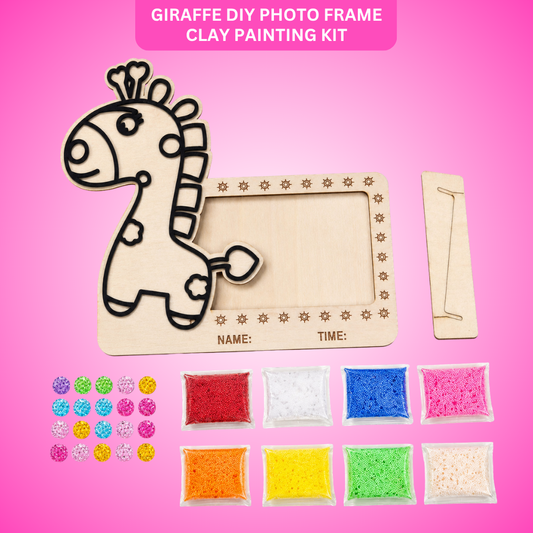 Giraffe DIY Photo Frame Clay Painting Kit, Wooden Craft Puzzle with 8 Color Snow Pearl & Sticker Sheets| Handmade Art Activity for Kids, Birthday Return Gift Favors for Kids & Creative Craft Lovers - 1 Set