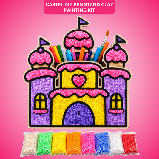 Castle  Shaped DIY Pen Stand Clay Painting Kit, Wooden Craft Puzzle with 8 Color Snow Pearl Clays | Handmade Art Activity for Kids, Birthday Return Gift Favors for Kids & Creative Craft Lovers - 1 Set