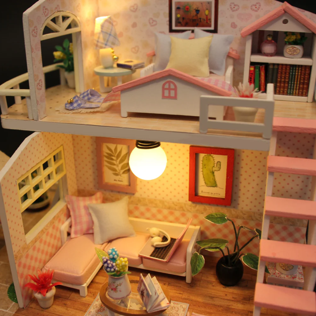 Pink Loft DIY Miniature Dollhouse Kit, Wooden Mini Doll House with Furniture, 2 Floor Room Decor Model Making Craft Kit for Kids Teens Adults, Creative Gift & Display Set