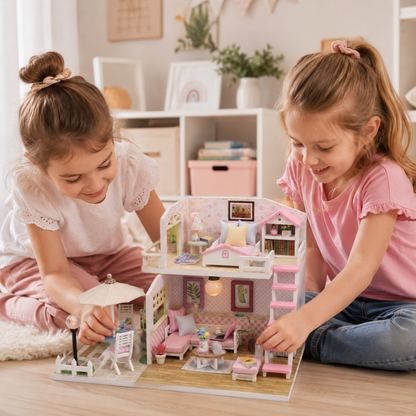 Pink Loft DIY Miniature Dollhouse Kit, Wooden Mini Doll House with Furniture, 2 Floor Room Decor Model Making Craft Kit for Kids Teens Adults, Creative Gift & Display Set