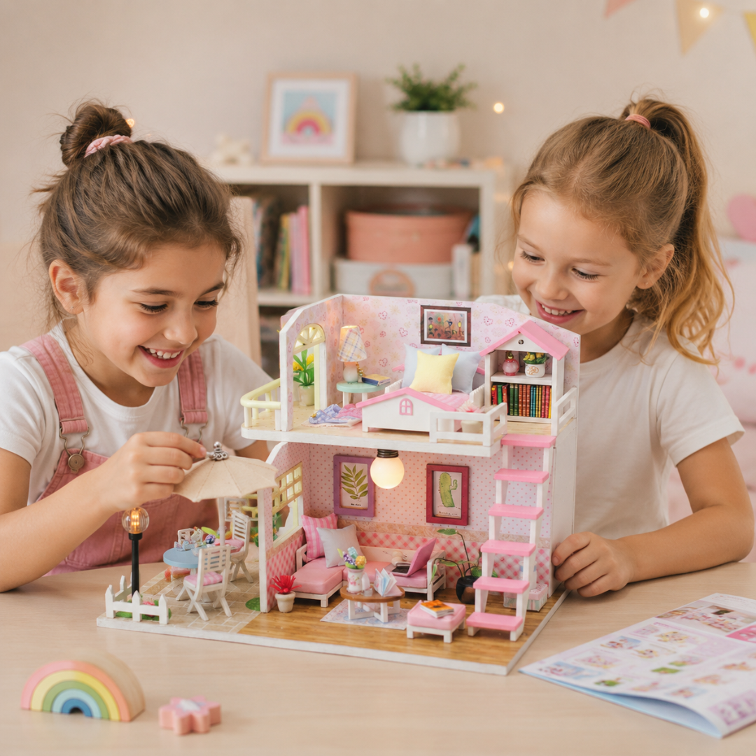 Pink Loft DIY Miniature Dollhouse Kit, Wooden Mini Doll House with Furniture, 2 Floor Room Decor Model Making Craft Kit for Kids Teens Adults, Creative Gift & Display Set