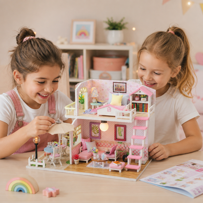 Pink Loft DIY Miniature Dollhouse Kit, Wooden Mini Doll House with Furniture, 2 Floor Room Decor Model Making Craft Kit for Kids Teens Adults, Creative Gift & Display Set