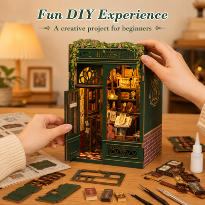 Bookstore DIY Book Nook Kit, 3D Wooden Miniature House Puzzle, Bookshelf Insert Decor with Cozy Library Scene, Craft Building Kit for Adults & Teens 14+, Creative Room Decoration Gift