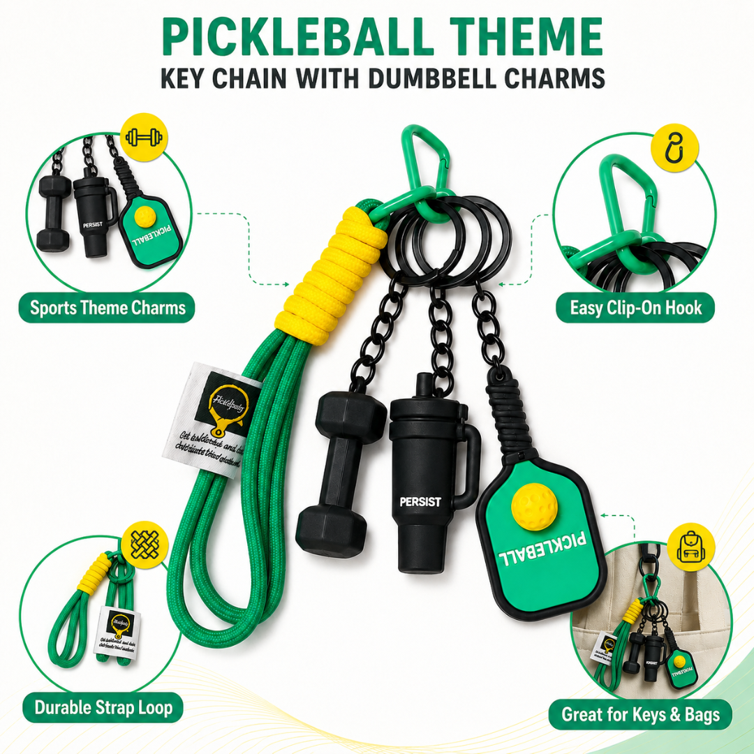 Pickleball Theme Key Chain with Dumbbell Charms, Green Sports Bag Charm with Strap for Keys, Backpacks, Birthday Return Gifts, Party Favors & Loot Bag Fillers – 1PC