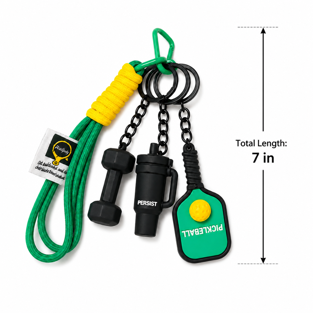 Pickleball Theme Key Chain with Dumbbell Charms, Green Sports Bag Charm with Strap for Keys, Backpacks, Birthday Return Gifts, Party Favors & Loot Bag Fillers – 1PC