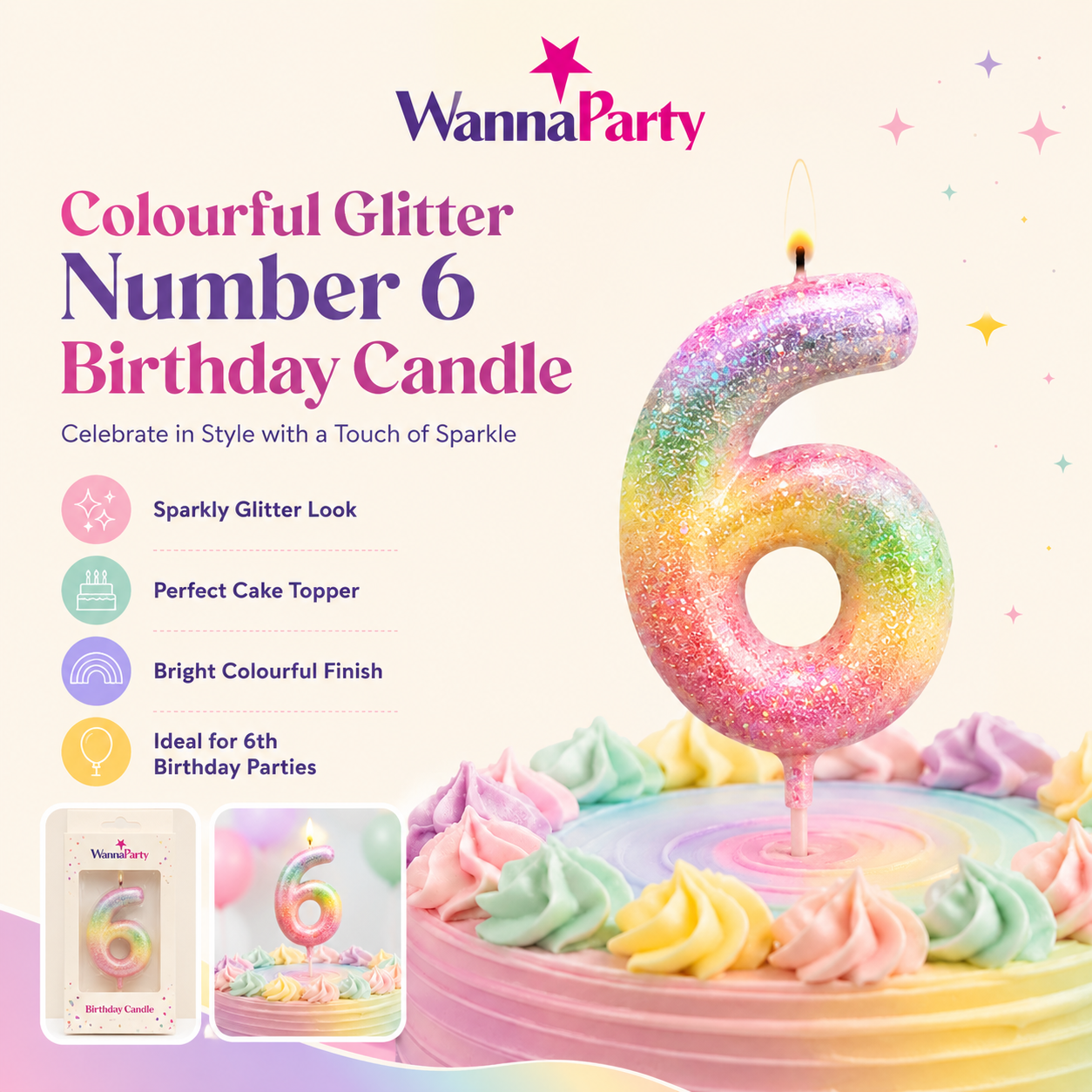 Three Color Gradient Glitter Candle Number 6