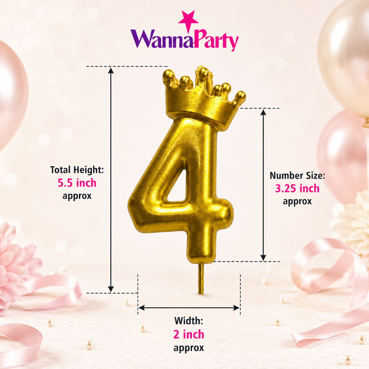 Golden Crown Candle Number 4 | Metallic Finish | Medium Size