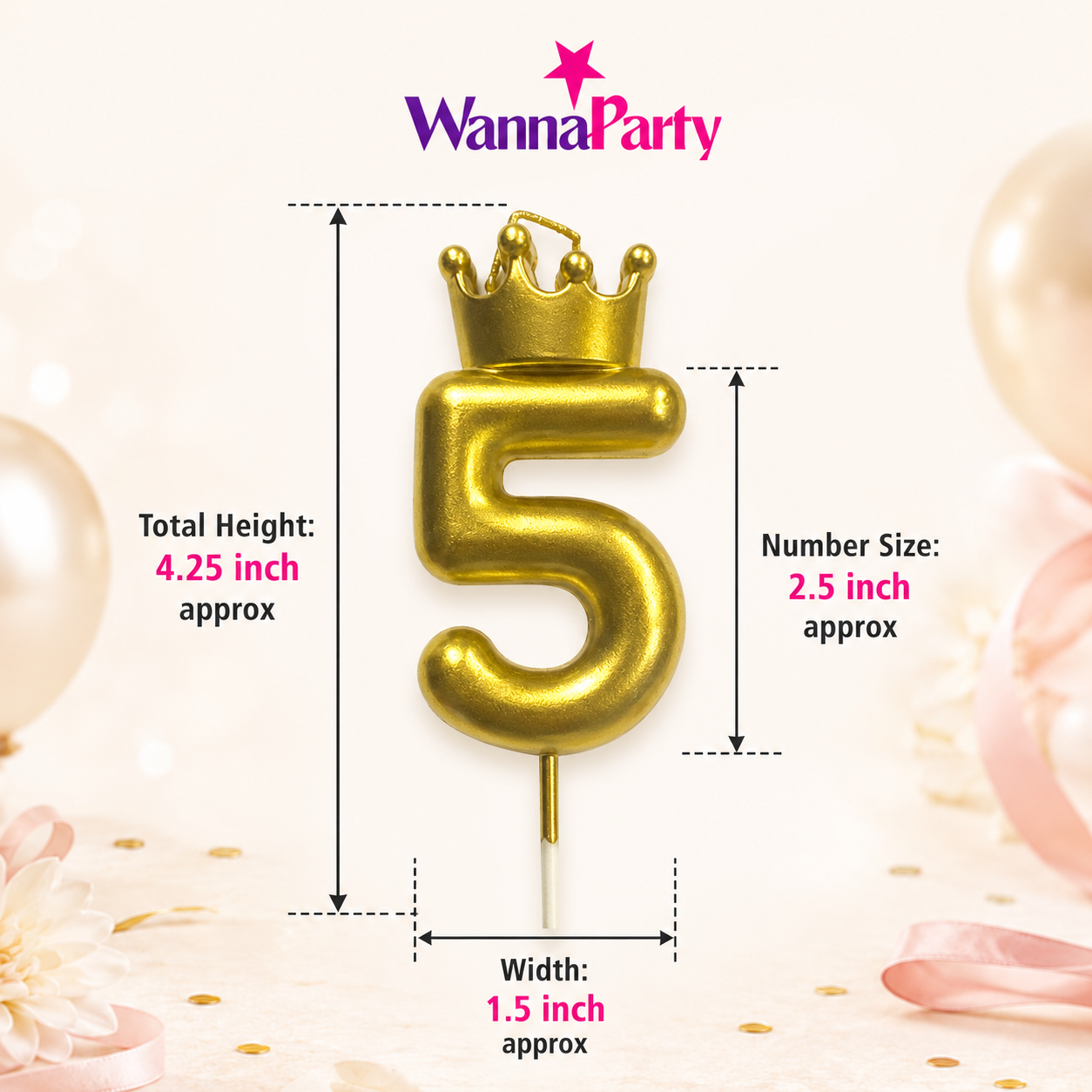 Golden Crown Candle Number 5 | Metallic Finish | Medium Size