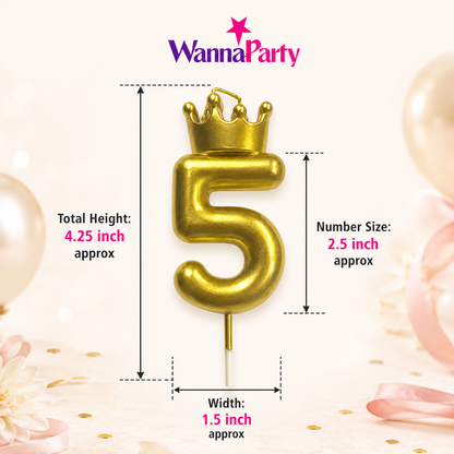 Golden Crown Candle Number 5 | Metallic Finish | Medium Size
