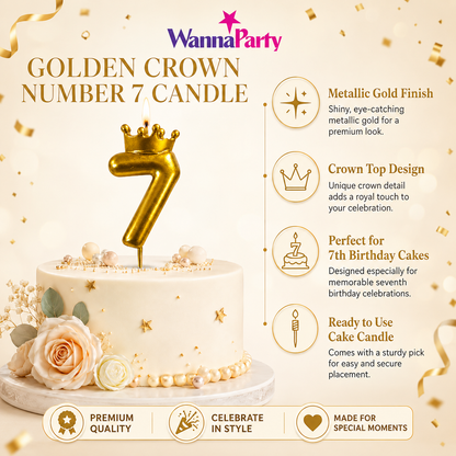 Golden Crown Candle Number 7 | Metallic Finish | Medium Size