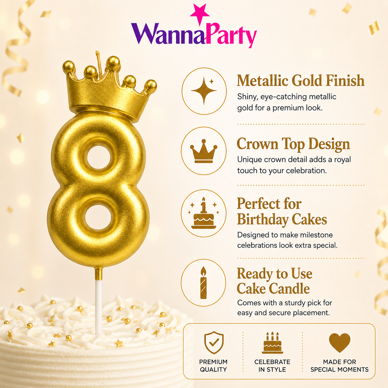 Golden Crown Candle Number 8 | Metallic Finish | Medium Size