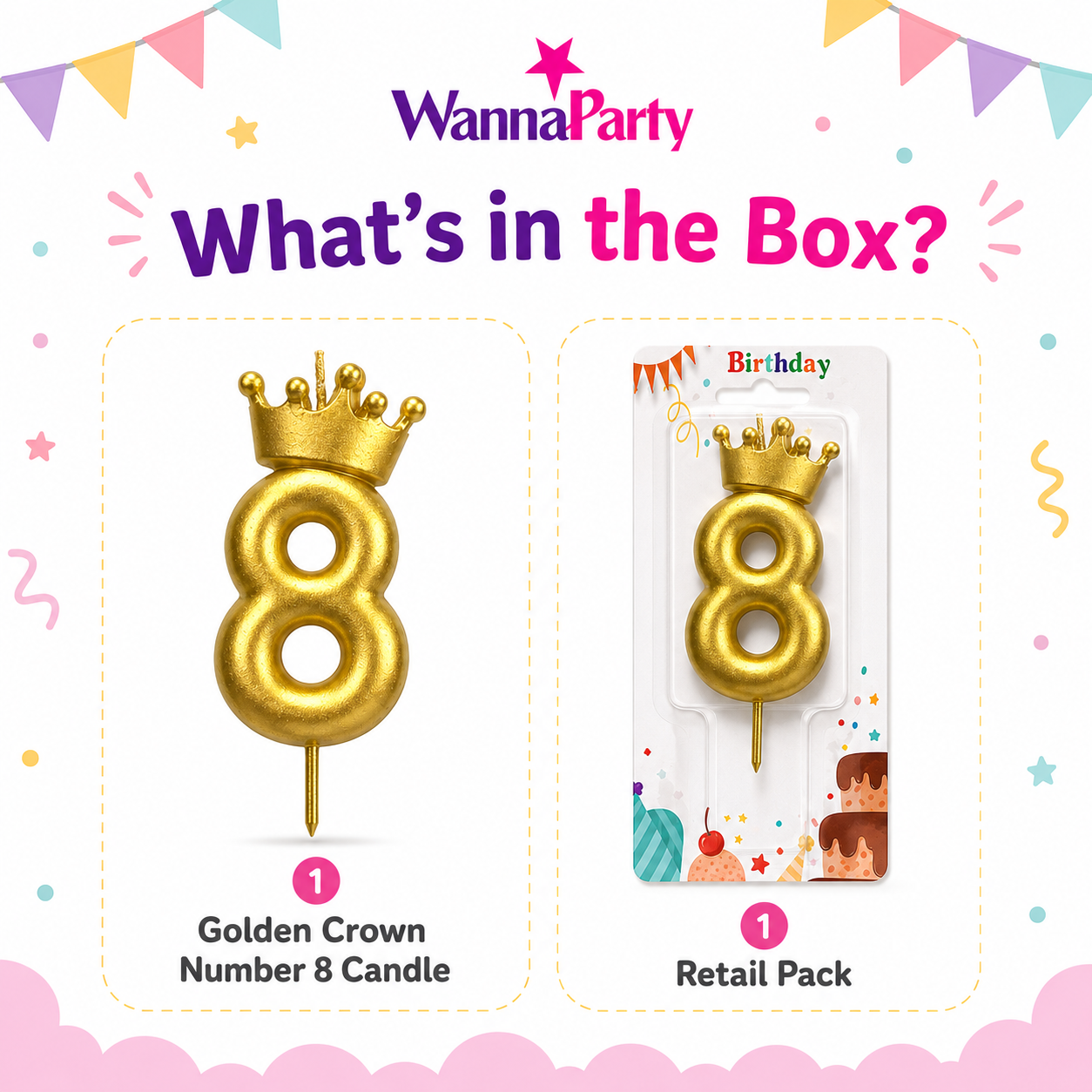 Golden Crown Candle Number 8 | Metallic Finish | Medium Size