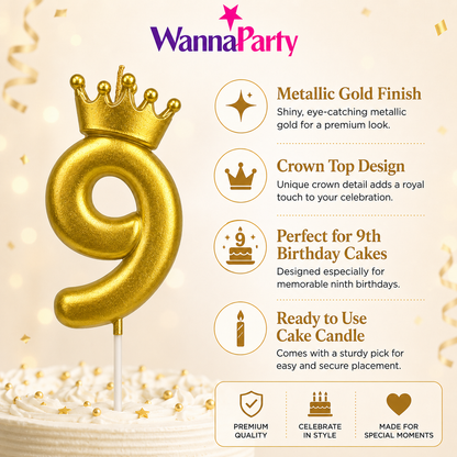 Golden Crown Candle Number 9 | Metallic Finish | Medium Size