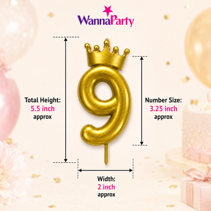Golden Crown Candle Number 9 | Metallic Finish | Medium Size