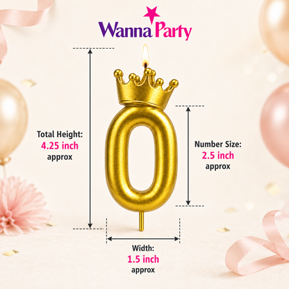 Golden Crown Candle Number 0 | Metallic Finish | Medium Size