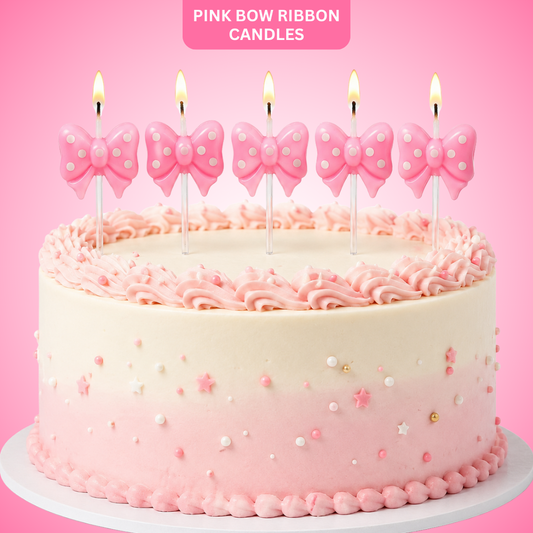 Pink Bow Ribbon Shaped Polka Dot Cake Candles - Set of 5PC
