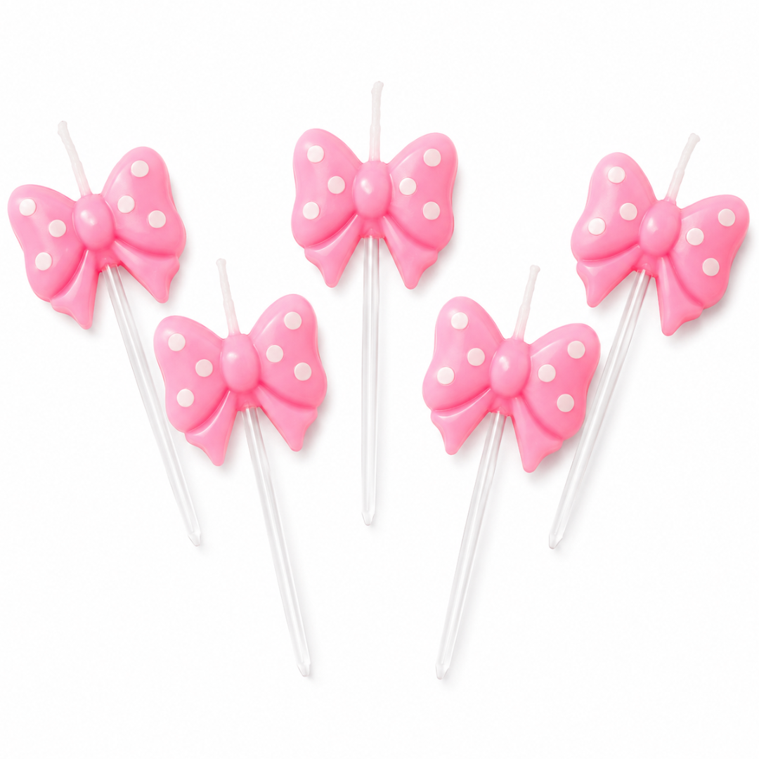 Pink Bow Ribbon Shaped Polka Dot Cake Candles - Set of 5PC