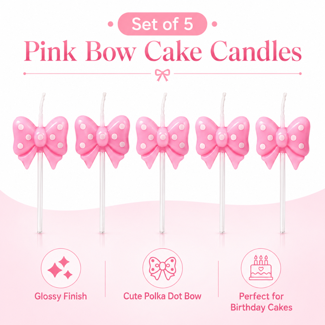 Pink Bow Ribbon Shaped Polka Dot Cake Candles - Set of 5PC