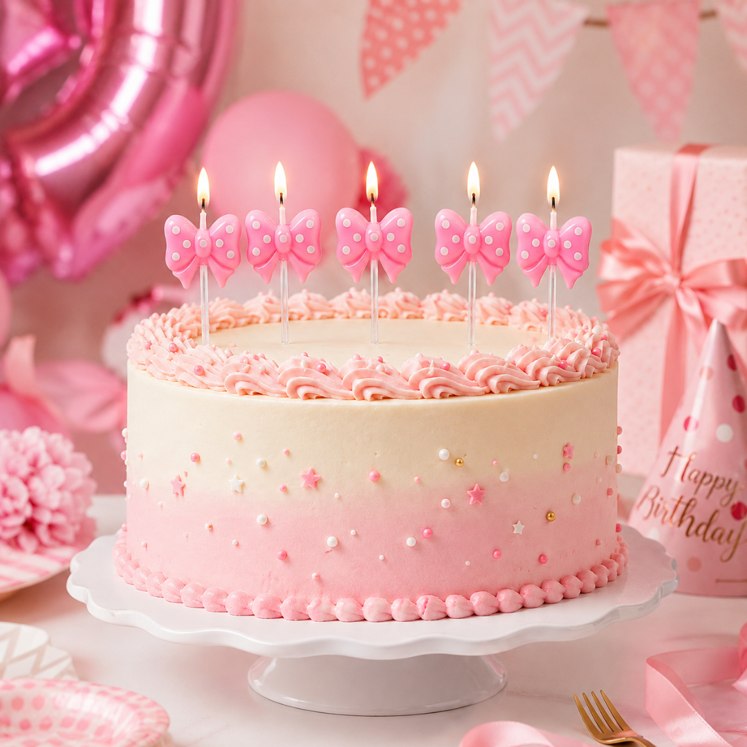 Pink Bow Ribbon Shaped Polka Dot Cake Candles - Set of 5PC