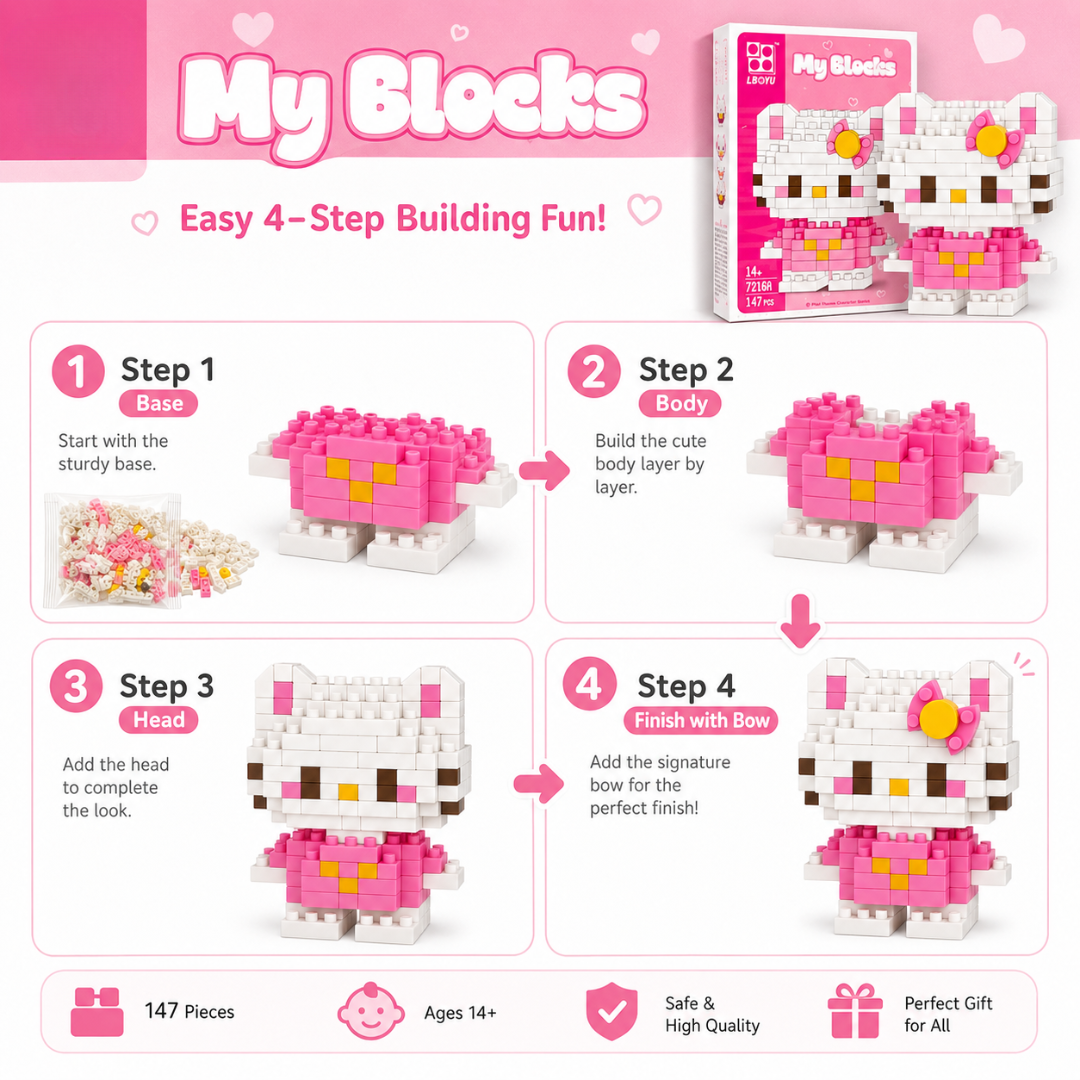 Mini Blocks DIY Hello Kitty Theme Nano Blocks Building Kit, 147 Pcs Kawaii Micro Blocks Character Figure, Collectible Puzzle Toy for Kids,Teens & Adults